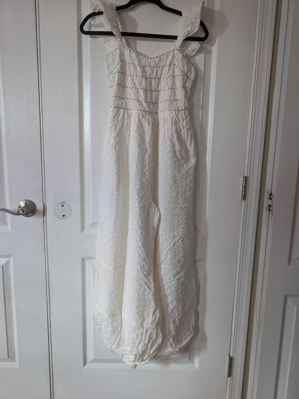 Free People Cream Smocked Bodice Ruffle Strap Pants